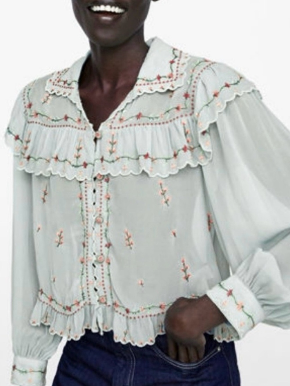 Zara Limited Edition sage  Embroidered Floral Flowers button up top cottagecore